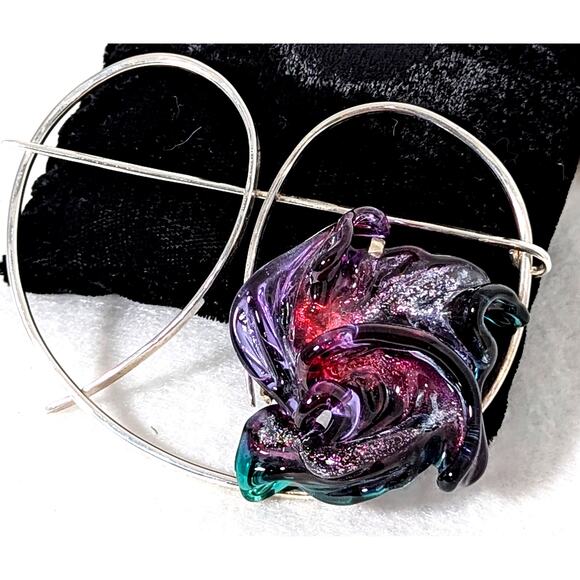 Artist Designed and handmade Glass Skarf Pin + Sterling Si;very see photos NWOT - Picture 2 of 7